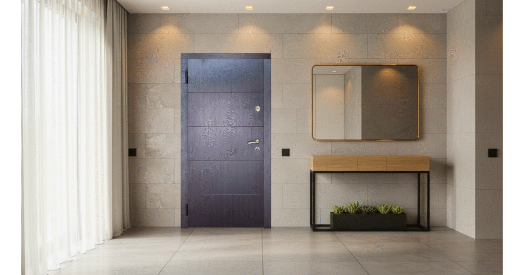 Moderan dizajn sigurnosnih vrata sa opšivkom u tamnom drvenom dekoru