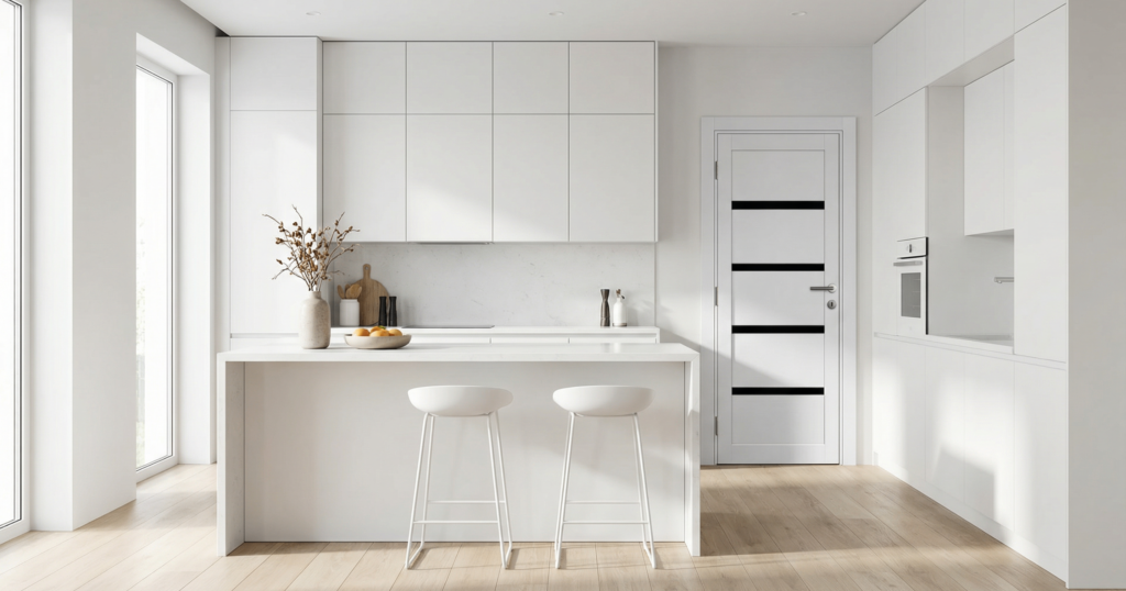 Minimalistička bela kuhinja sa čistim linijama i modernim sobnim vratima u belom dekoru sa crnim staklenim detaljima, integrisana u svetao i elegantan enterijer.