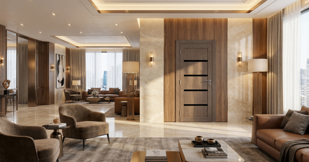 Luksuzni hotelski lobby sa modernim sobnim vratima u drvenom dekoru i dekorativnim staklićima, uklopljen u enterijer sa mermernim zidovima, kožnim nameštajem i toplim ambijentalnim osvetljenjem.