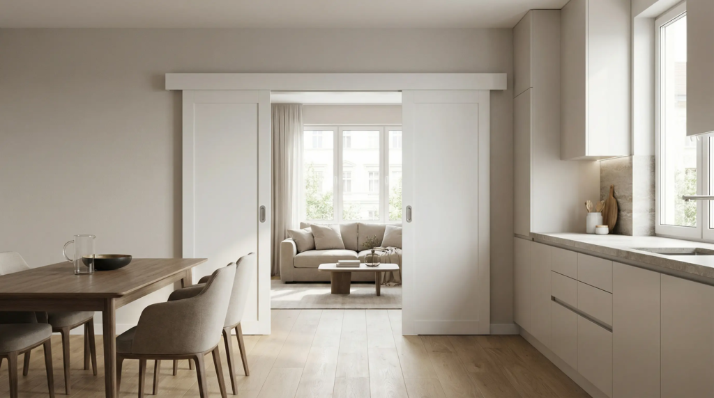 Klizna sobna vrata u savremenom enterijeru otvorenog tipa.