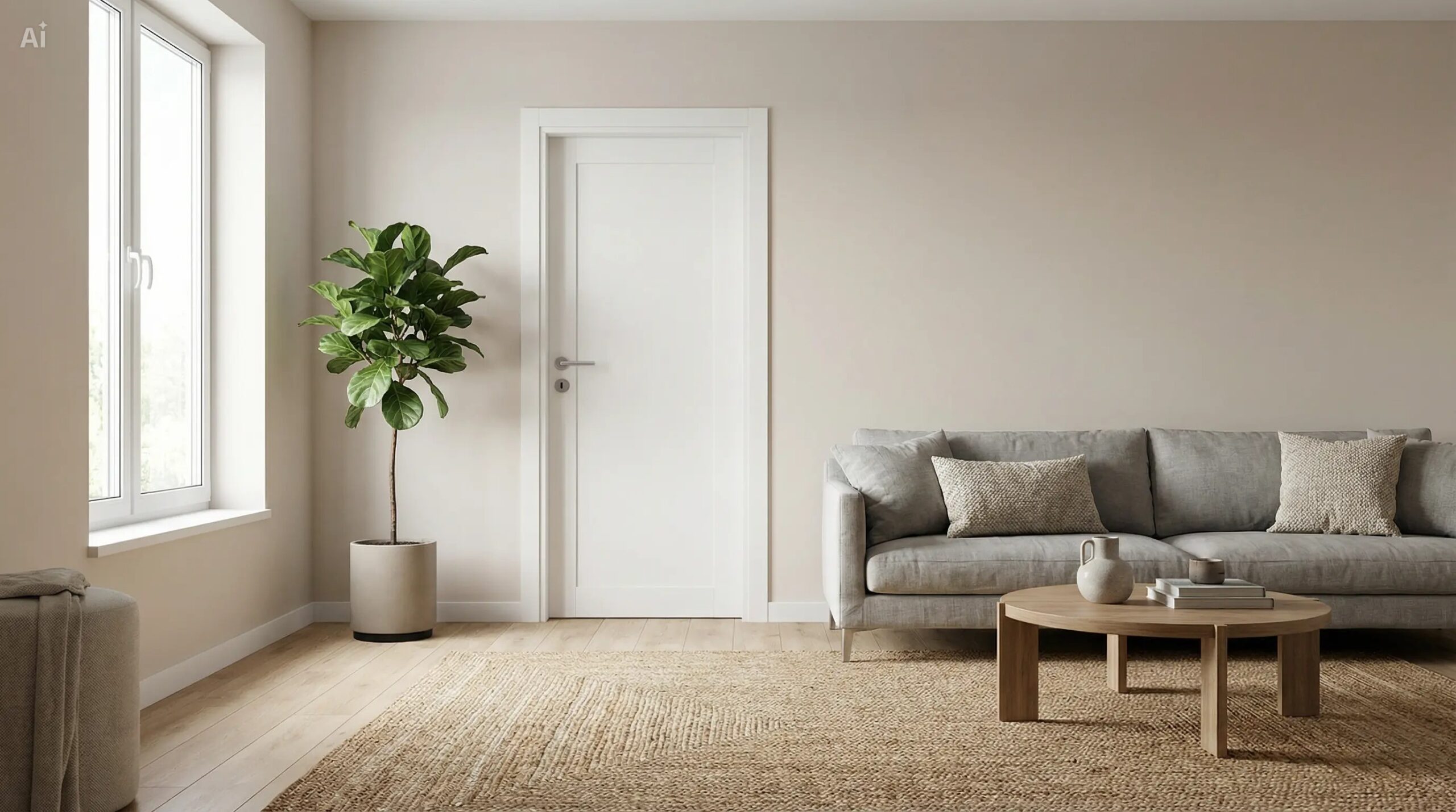 Sobna vrata u savremenom enterijeru sa neutralnom završnom obradom.